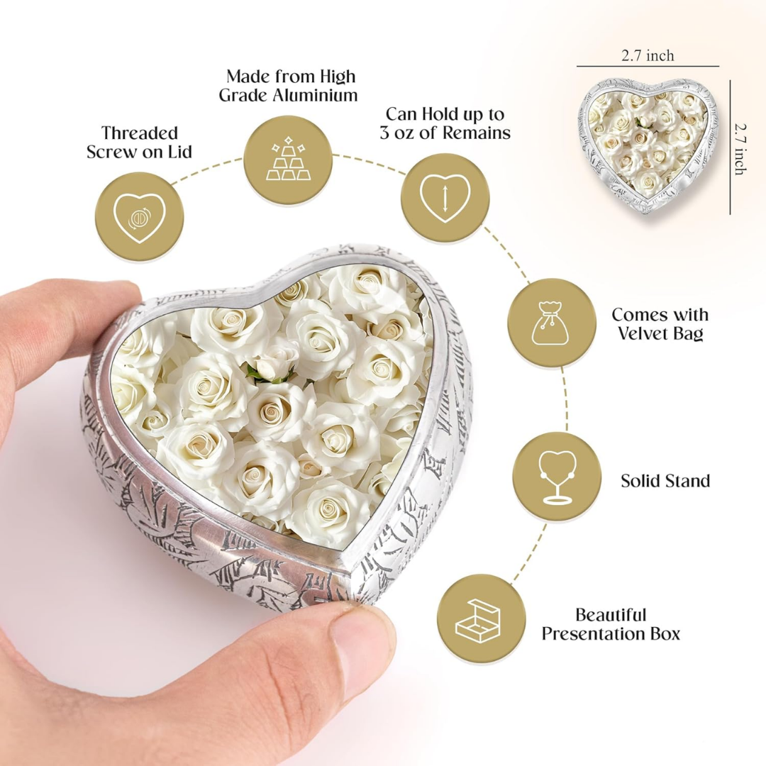 White Rose Heart Keepsake Cremation Urn for Human Ashes