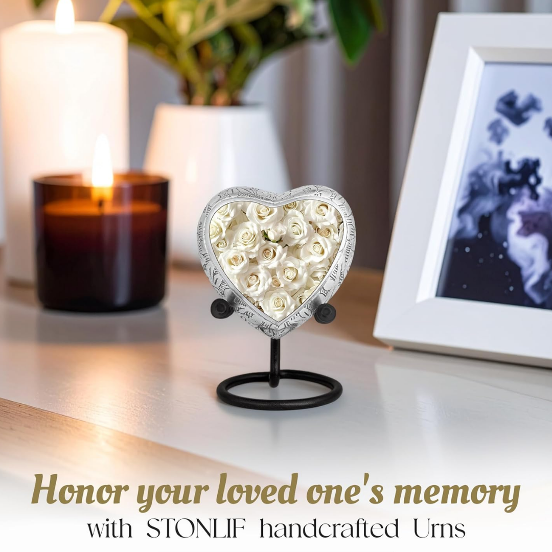 White Rose Heart Keepsake Cremation Urn for Human Ashes