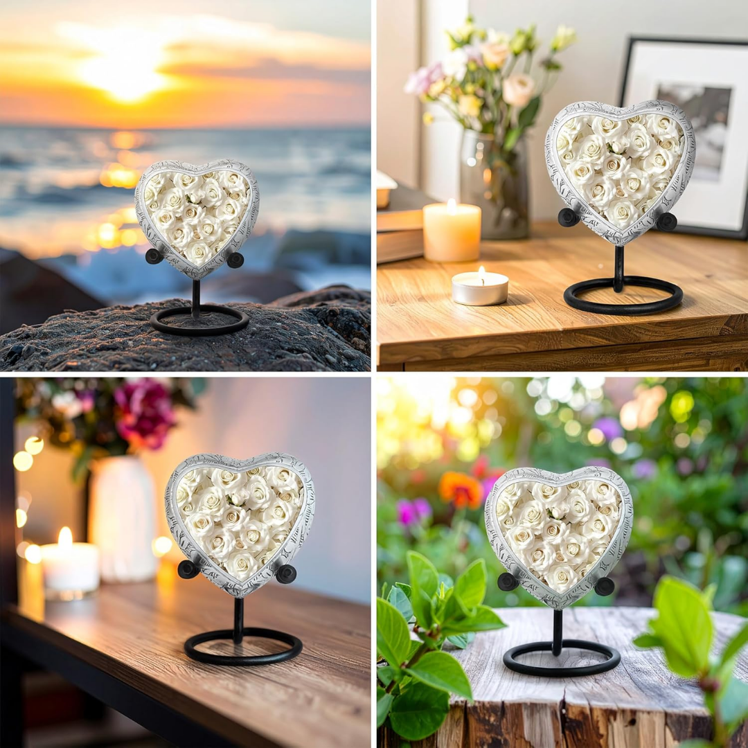 White Rose Heart Keepsake Cremation Urn for Human Ashes