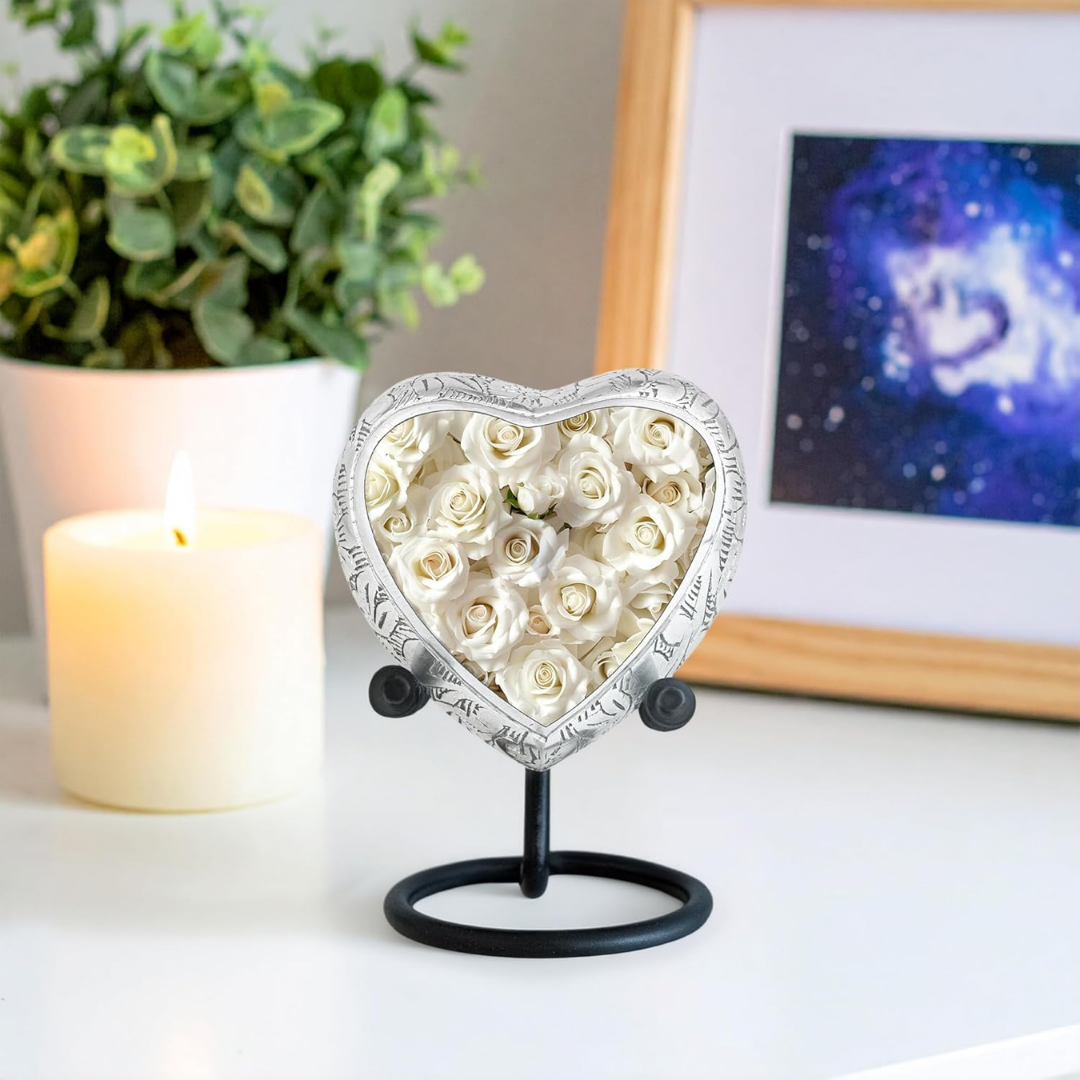 White Rose Heart Keepsake Cremation Urn for Human Ashes