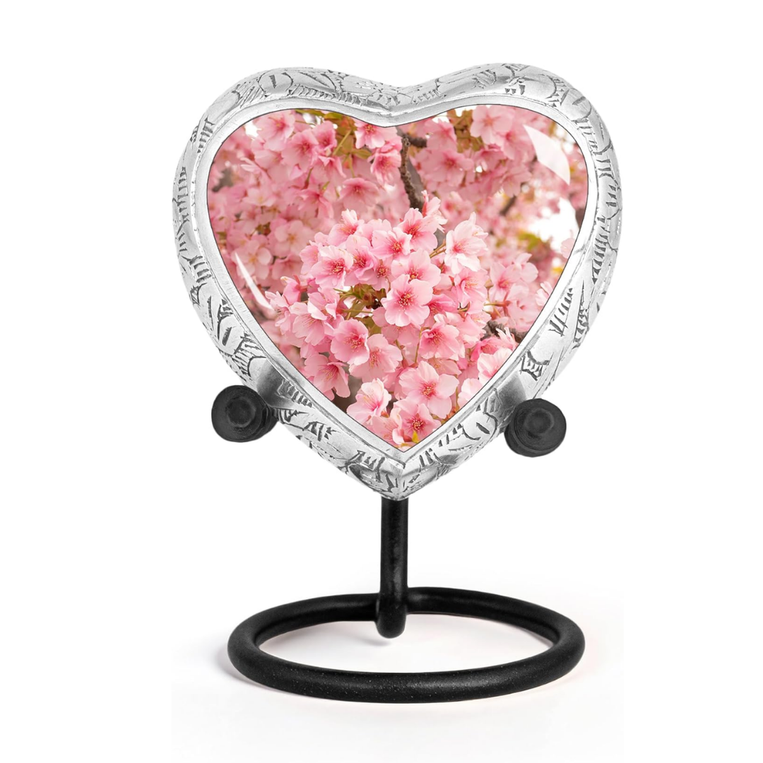 Small Heart Cherry Blossom Keepsake Cremation Urn for Human Ashes
