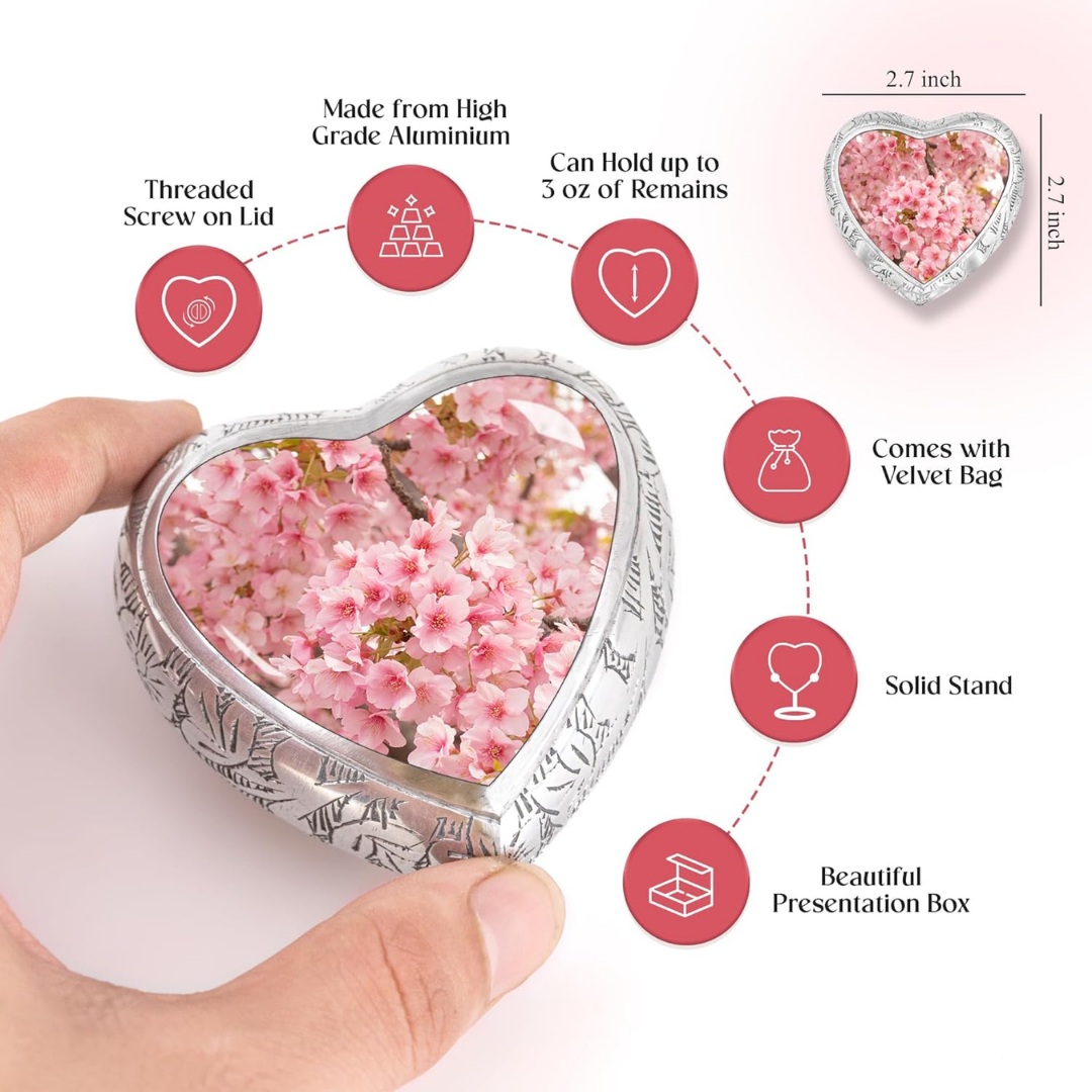 Small Heart Cherry Blossom Keepsake Cremation Urn for Human Ashes