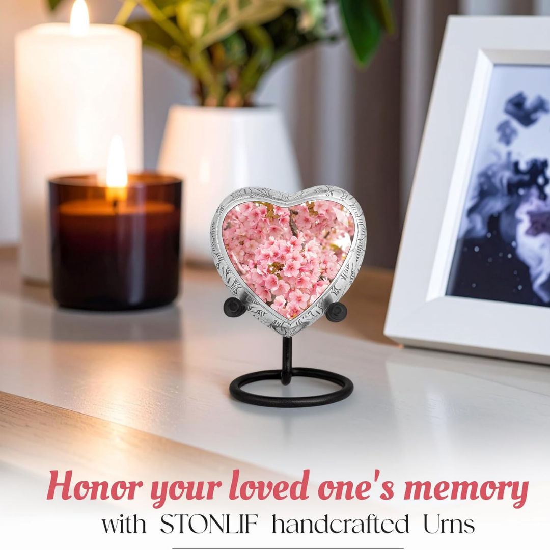 Small Heart Cherry Blossom Keepsake Cremation Urn for Human Ashes