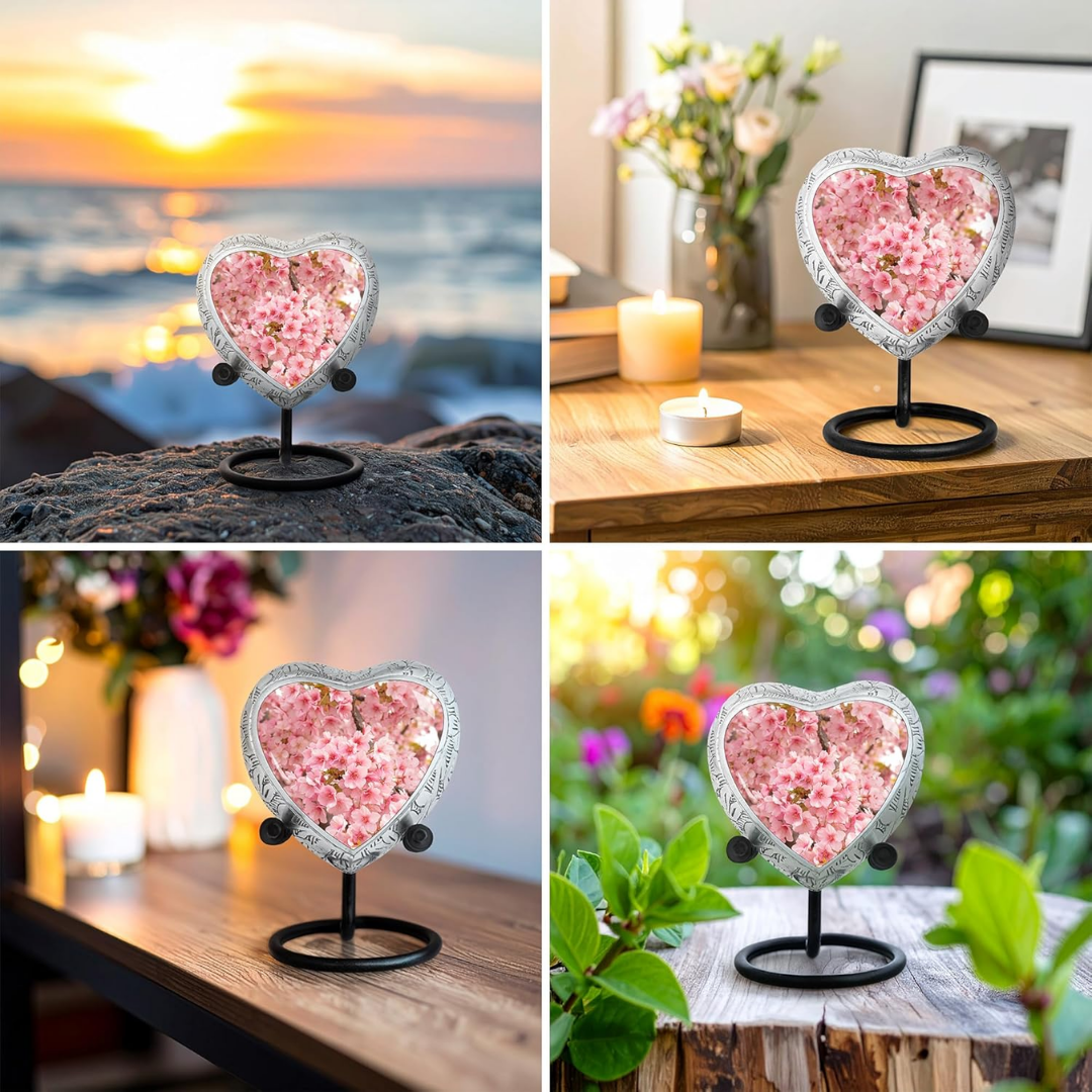 Small Heart Cherry Blossom Keepsake Cremation Urn for Human Ashes