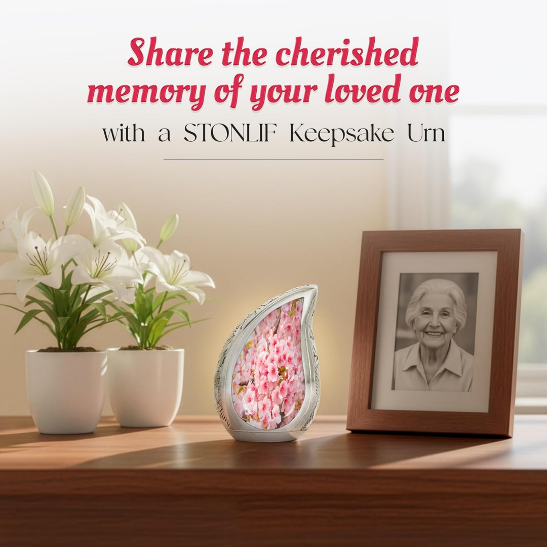 Small TearDrop Cherry Blossom Keepsake Cremation Urn for Human Ashes