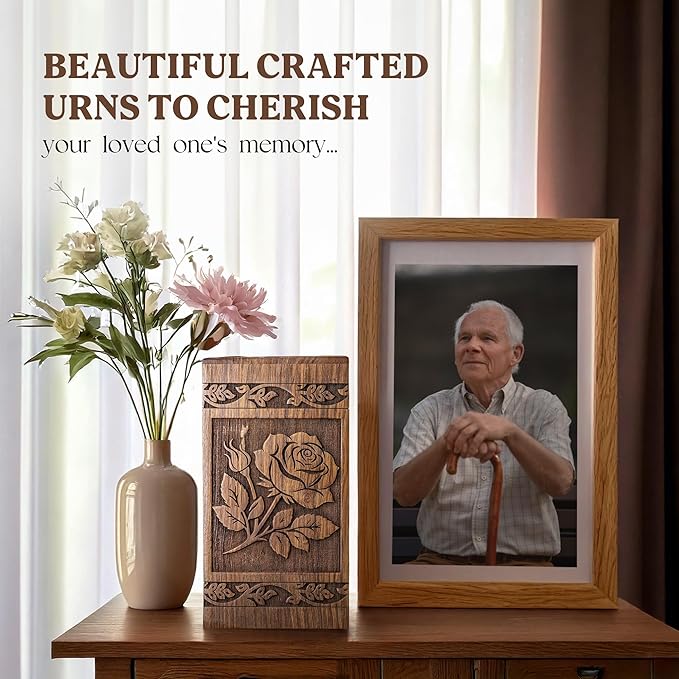 Wooden Cremation Urns for Human Ashes 120 lbs  - Wood Urn for Women, Men & Loved Ones - Rose