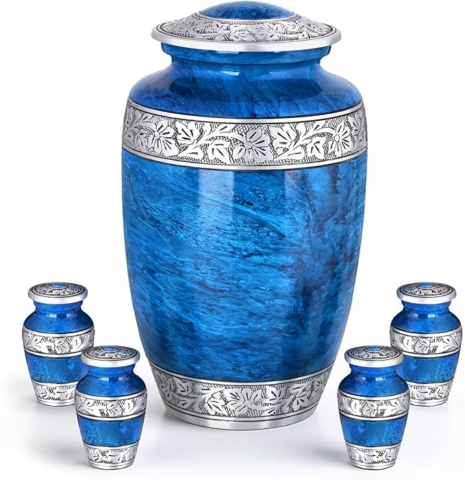 Blue Marble Urn Set – Large Aluminum Cremation Urn with 4 Keepsakes