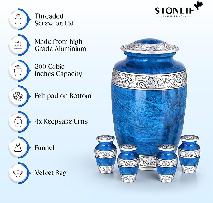 Blue Marble Urn Set – Large Aluminum Cremation Urn with 4 Keepsakes