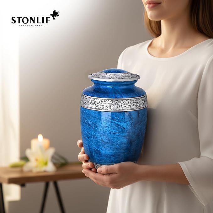 Blue Marble Urn Set – Large Aluminum Cremation Urn with 4 Keepsakes