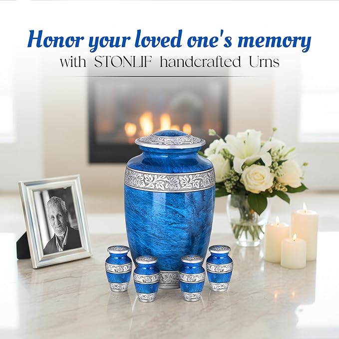 Blue Marble Urn Set – Large Aluminum Cremation Urn with 4 Keepsakes