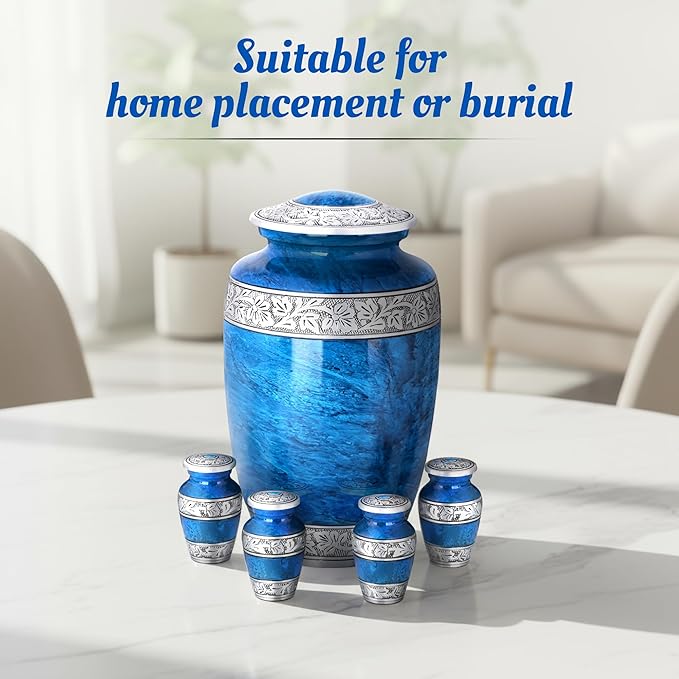 Blue Marble Urn Set – Large Aluminum Cremation Urn with 4 Keepsakes