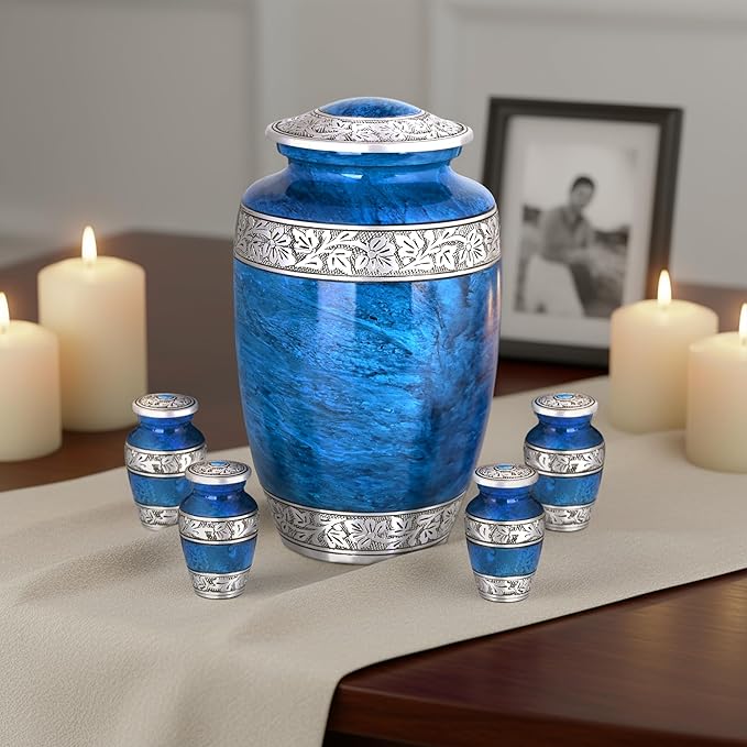 Blue Marble Urn Set – Large Aluminum Cremation Urn with 4 Keepsakes