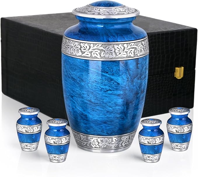 Blue Marble Urn Set – Large Aluminum Cremation Urn with 4 Keepsakes