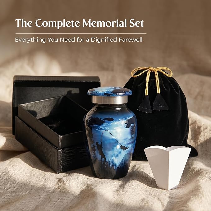 Gone Fishing Urns for Ashes Adult Male & Female - 3 Cubic Inches Decorative Urn, Burial Urns for Dad, Men