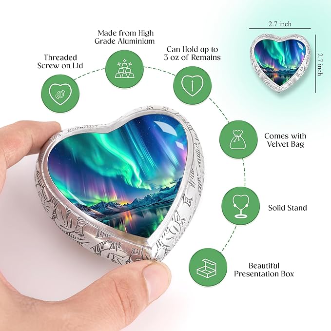 Aurora Borealis Heart Keepsake Cremation Urn for Human Ashes