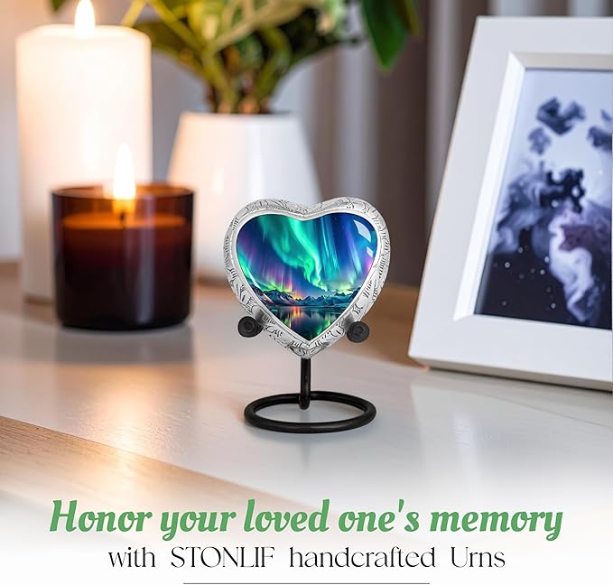 Aurora Borealis Heart Keepsake Cremation Urn for Human Ashes