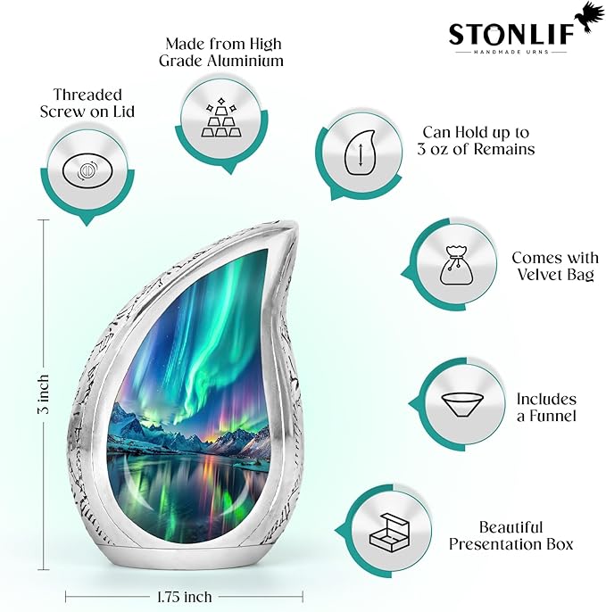 Aurora Borealis Teardrop Keepsake Cremation Urn for Human Ashes