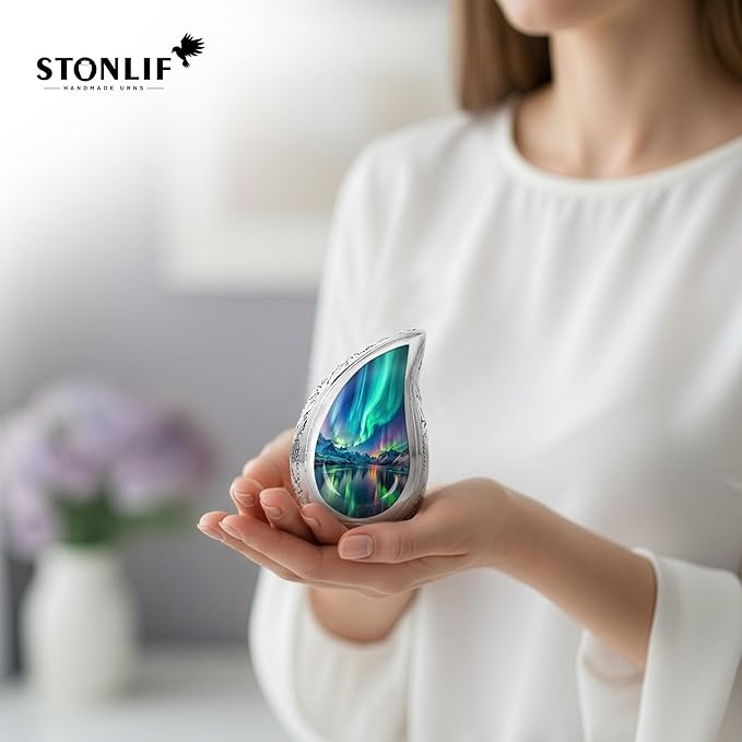 Aurora Borealis Teardrop Keepsake Cremation Urn for Human Ashes