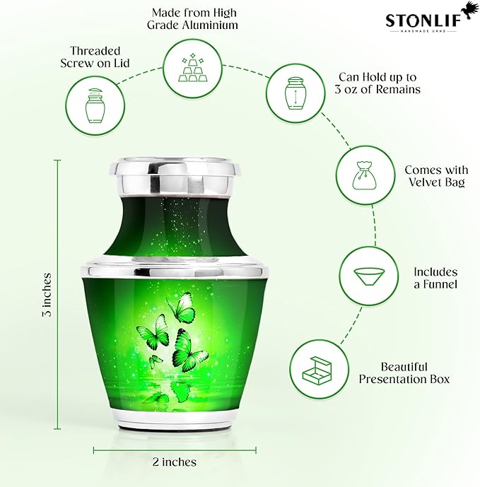 Green Butterfly Urn for Female – Small Keepsake Funeral Memorial Urn