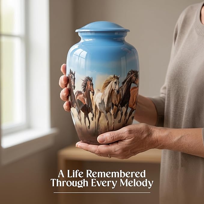 Sky Blue Horse Cremation Urn for Human Ashes – Large Adult Aluminum Memorial Funeral Burial Urn