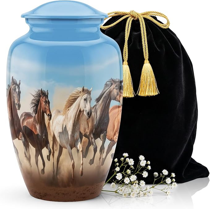 Sky Blue Horse Cremation Urn for Human Ashes – Large Adult Aluminum Memorial Funeral Burial Urn