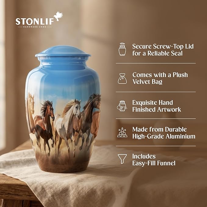 Sky Blue Horse Cremation Urn for Human Ashes – Large Adult Aluminum Memorial Funeral Burial Urn