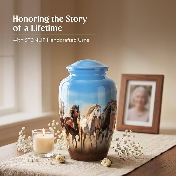 Sky Blue Horse Cremation Urn for Human Ashes – Large Adult Aluminum Memorial Funeral Burial Urn