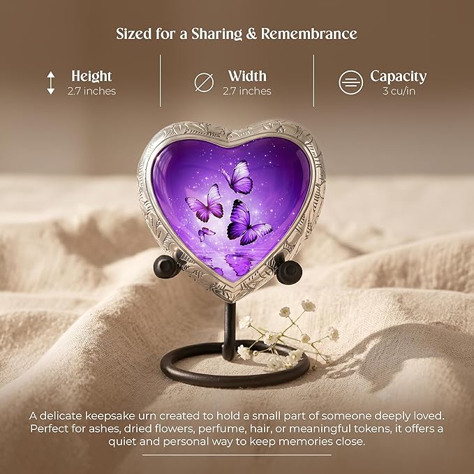 Purple Butterfly Urn for Female – Small Keepsake Heart Funeral Memorial Urn