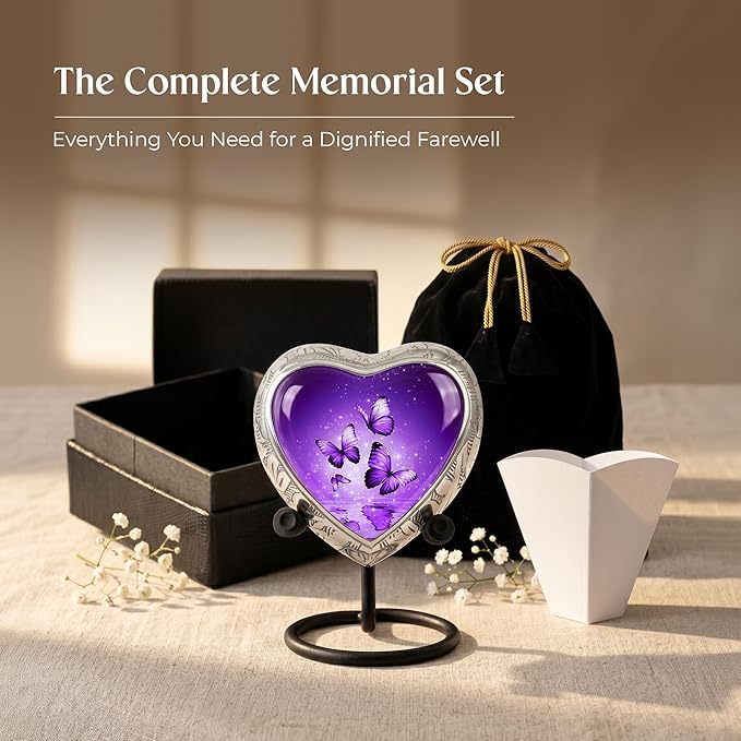 Purple Butterfly Urn for Female – Small Keepsake Heart Funeral Memorial Urn