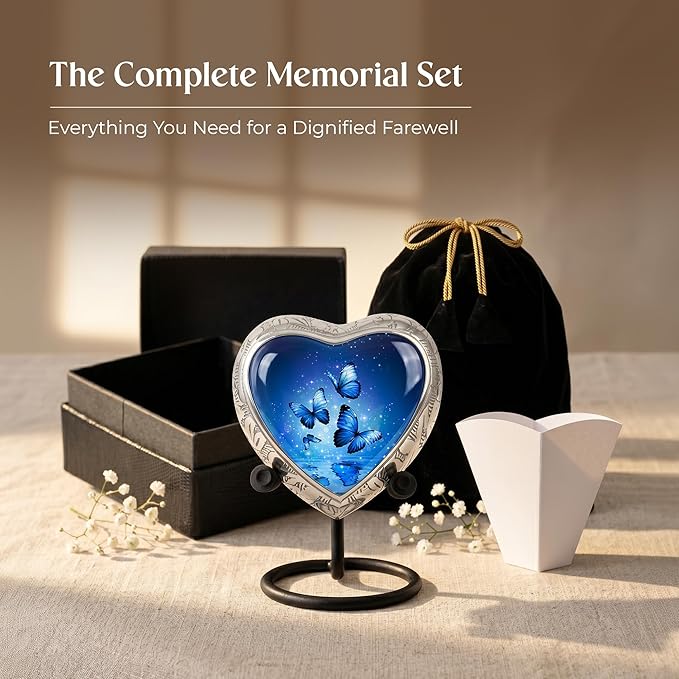 Small Blue Butterfly Urn for Female – Small Keepsake Heart Funeral Memorial Urn