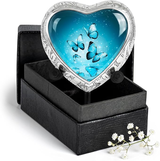 Aqua Butterfly Cremation Urn for Human Ashes, Small Keepsake Heart Urn for Female
