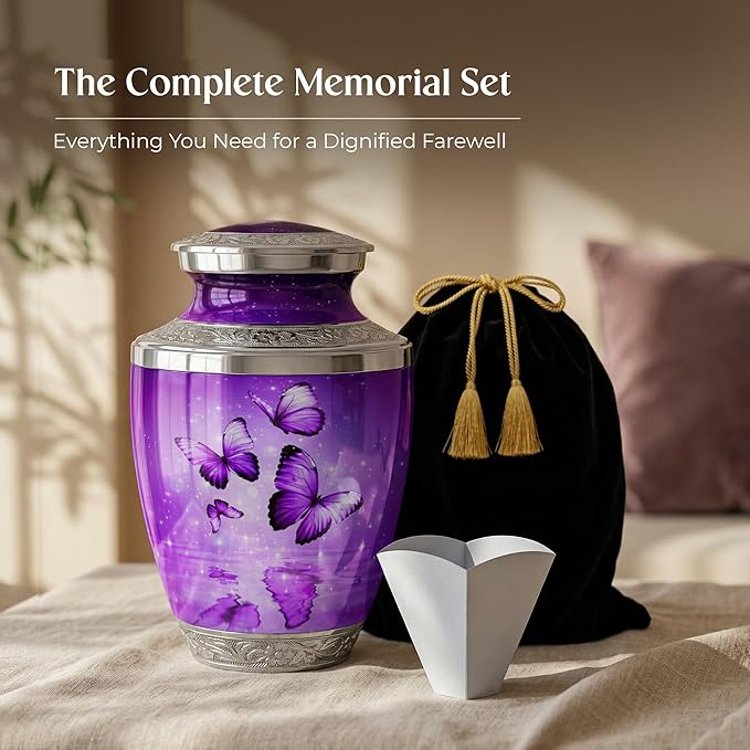 Purple Butterfly Urn for Female – Large 200 Cubic inches Adult Funeral Memorial Urn