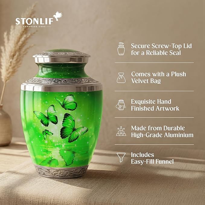 Green Butterfly Urn for Female – Large 200 Cubic inches Adult Funeral Memorial Urn