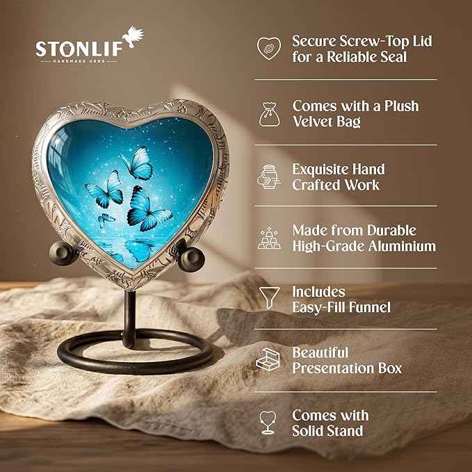 Aqua Butterfly Cremation Urn for Human Ashes, Small Keepsake Heart Urn for Female