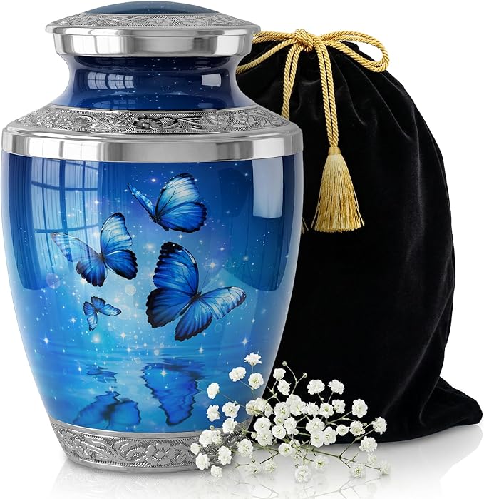 Blue Butterfly Urn for Female – Large 200 Cubic inches Adult Funeral Memorial Urn