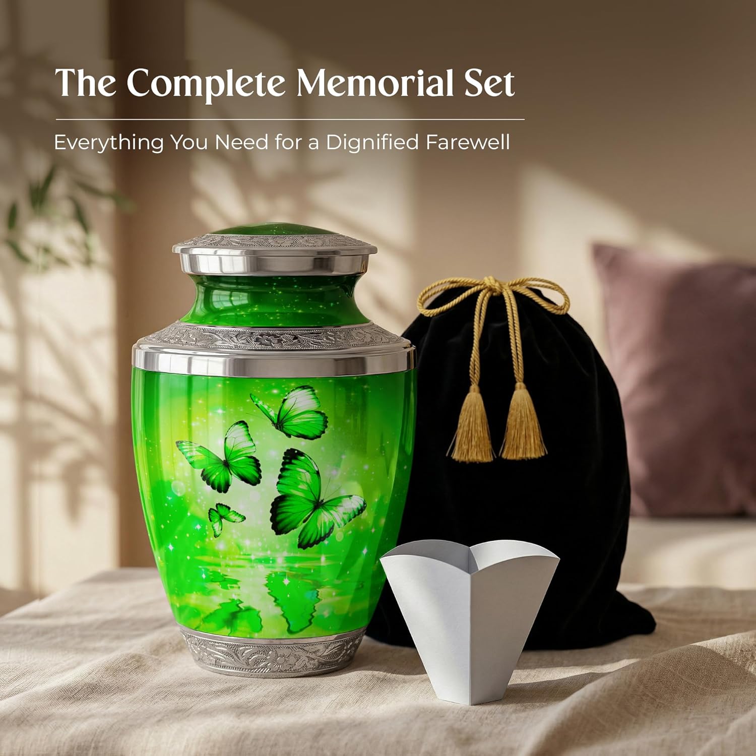 Green Butterfly Urn for Female – Large 200 Cubic inches Adult Funeral Memorial Urn