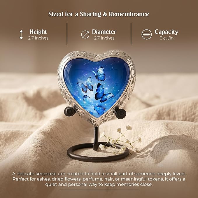 Small Blue Butterfly Urn for Female – Small Keepsake Heart Funeral Memorial Urn