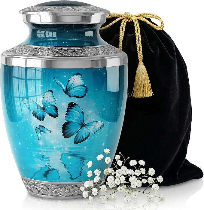 Aqua Butterfly Urn for Female – Large 200 Cubic inches Adult Funeral Memorial Urn