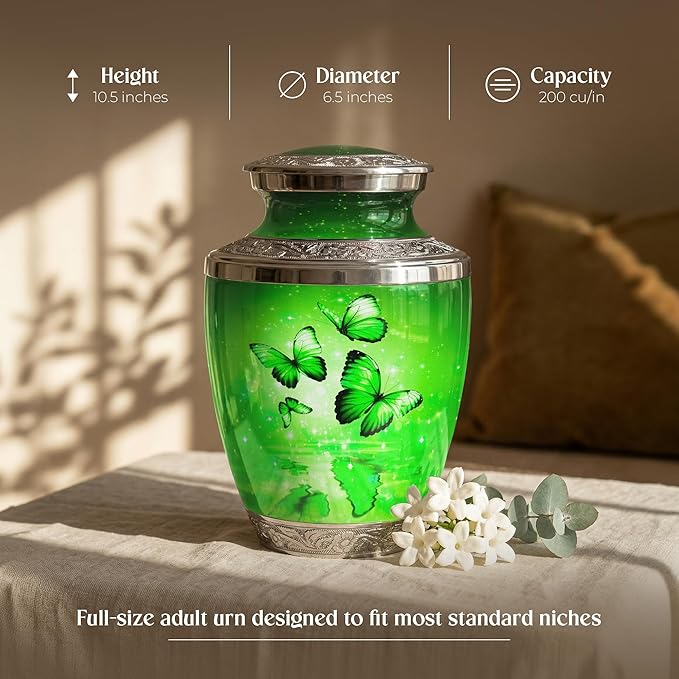 Green Butterfly Urn for Female – Large 200 Cubic inches Adult Funeral Memorial Urn