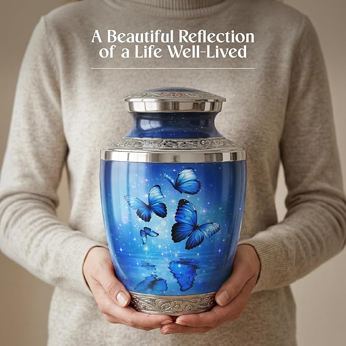 Blue Butterfly Urn for Female – Large 200 Cubic inches Adult Funeral Memorial Urn
