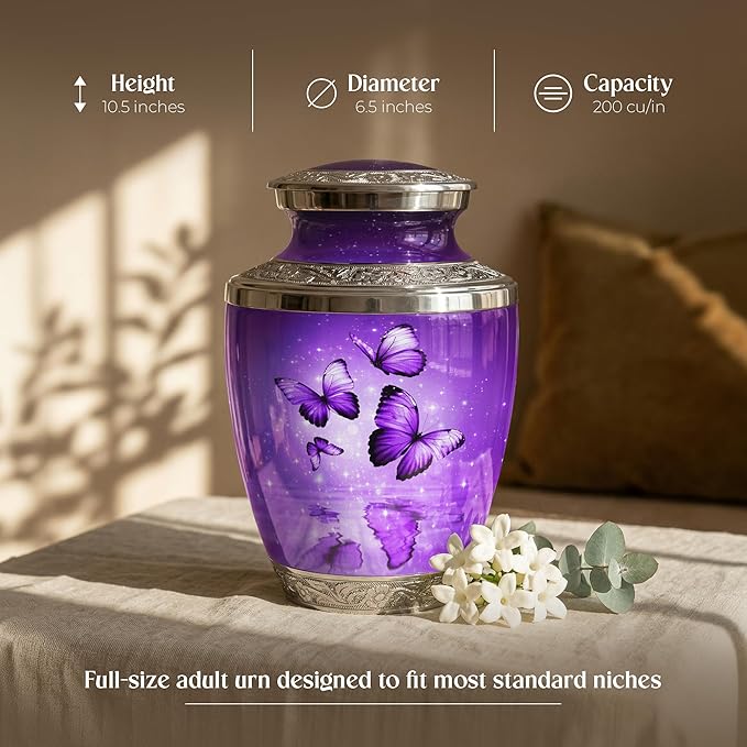 Purple Butterfly Urn for Female – Large 200 Cubic inches Adult Funeral Memorial Urn