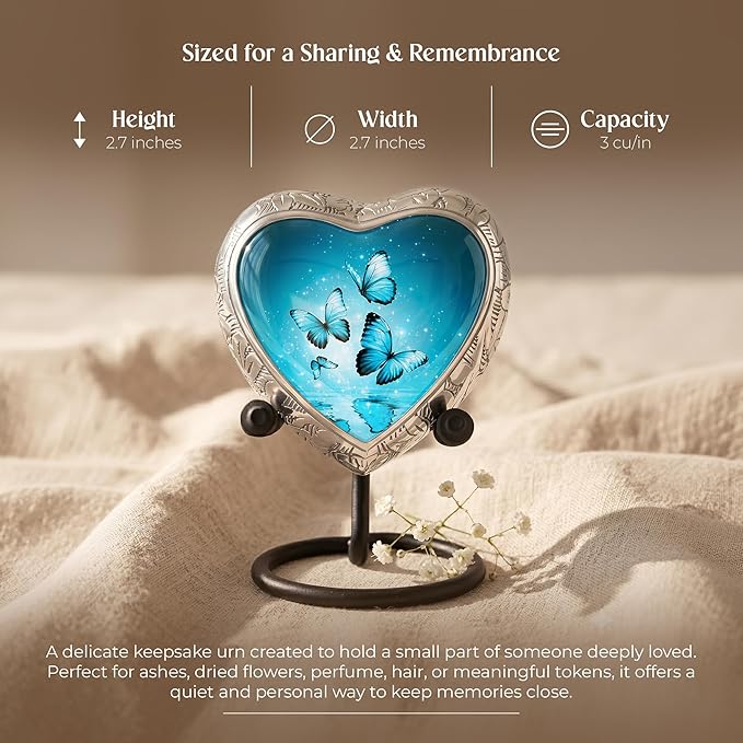 Aqua Butterfly Cremation Urn for Human Ashes, Small Keepsake Heart Urn for Female