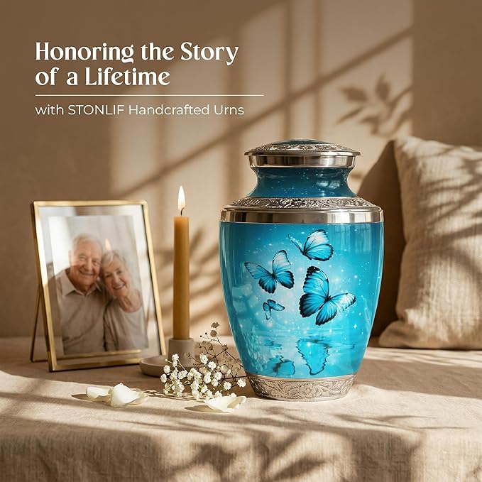 Aqua Butterfly Urn for Female – Large 200 Cubic inches Adult Funeral Memorial Urn