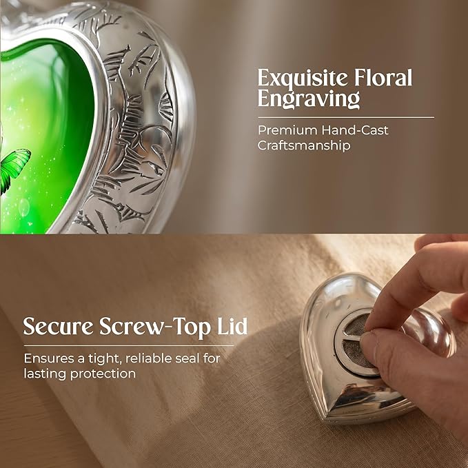 Green Butterfly Urn for Female – Small Keepsake Heart Funeral Memorial Urn