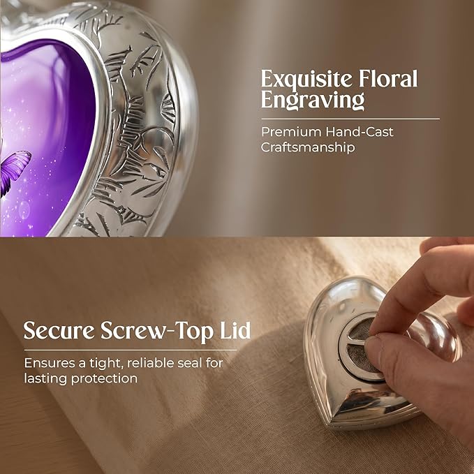 Purple Butterfly Urn for Female – Small Keepsake Heart Funeral Memorial Urn