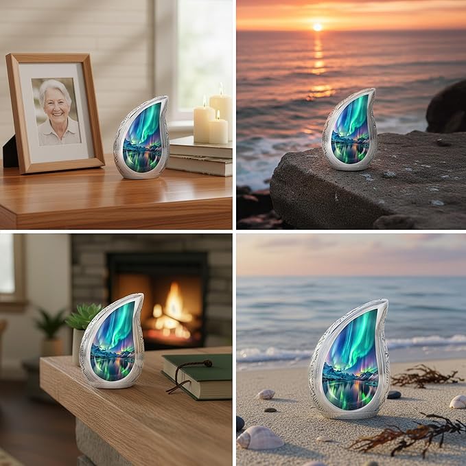 Aurora Borealis Teardrop Keepsake Cremation Urn for Human Ashes