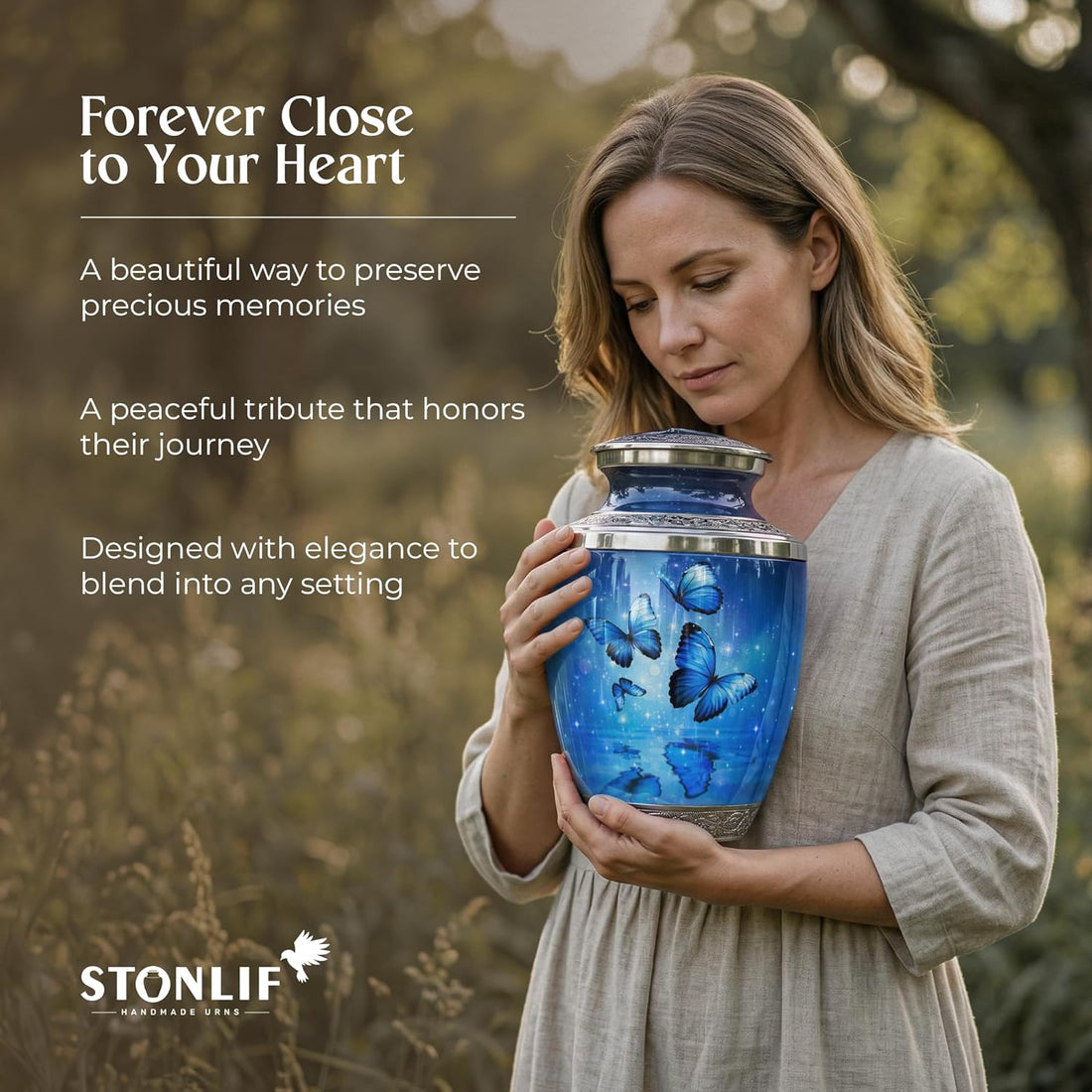 Blue Butterfly Urn for Female – Large 200 Cubic inches Adult Funeral Memorial Urn