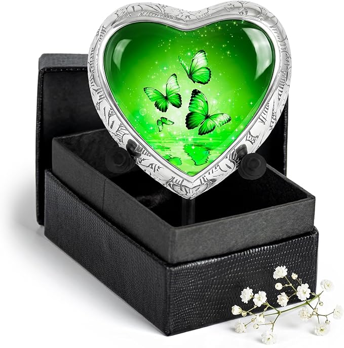 Green Butterfly Urn for Female – Small Keepsake Heart Funeral Memorial Urn