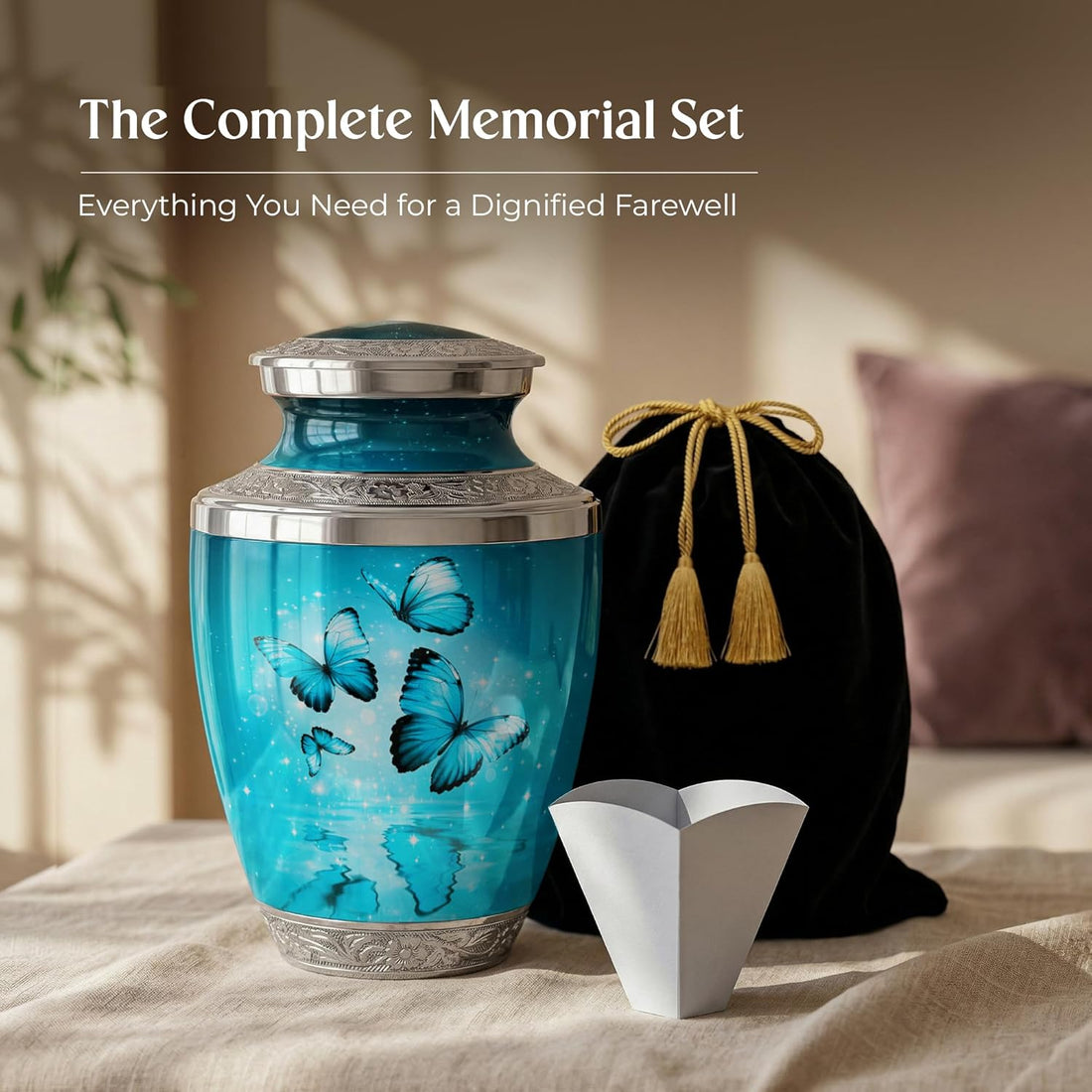 Aqua Butterfly Urn for Female – Large 200 Cubic inches Adult Funeral Memorial Urn