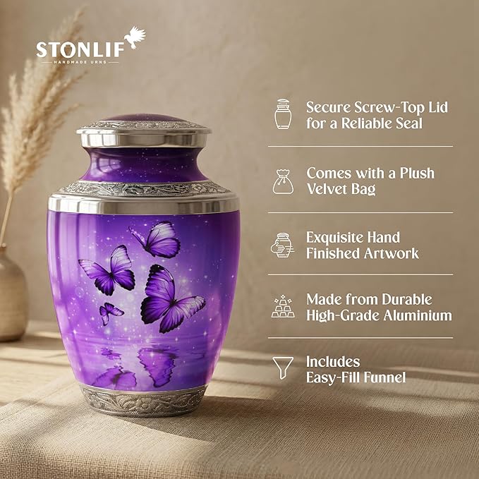 Purple Butterfly Urn for Female – Large 200 Cubic inches Adult Funeral Memorial Urn
